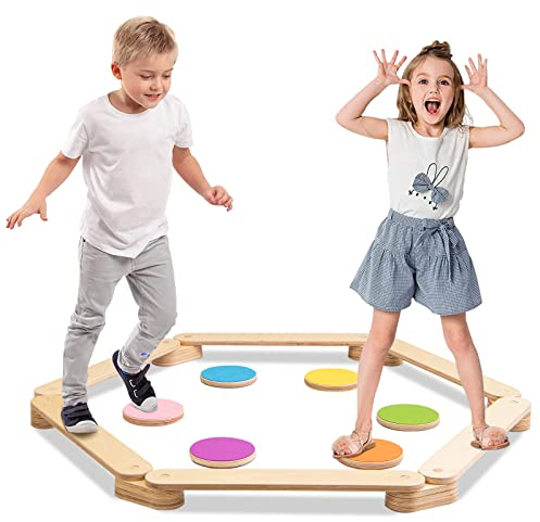 DREAMADE Poutre d'Équilibre en Bois pour Enfants 3-7 Ans, Jouet Montessori 12 Pièces pour Parcours d'obstacles de Gymnastique, Équipement de Jeu Intérieur & Extérieur