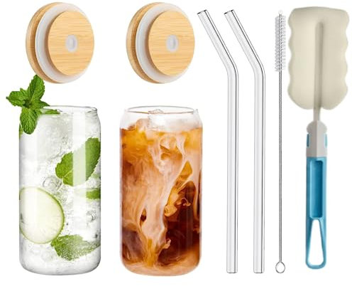 17OZ Glass Cups with Bamboo Lids and Glass Straw, Reusable Can Shaped Drinking Glasses with Lids and Straws & Brush,Wide Mouth Mason Jar Glass Cups for Smoothies, Tea, Cola, Juice, Soda (2 Pack)