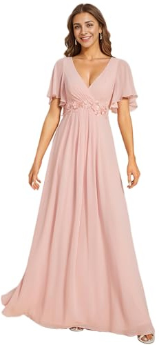 Ever-Pretty Elegantes Vestidos de Noche Vestidos de Novia Extra Largos Vestidos de Invitada de Mujer Cuello en V de Gasa de Cintura Alta Rosa 48