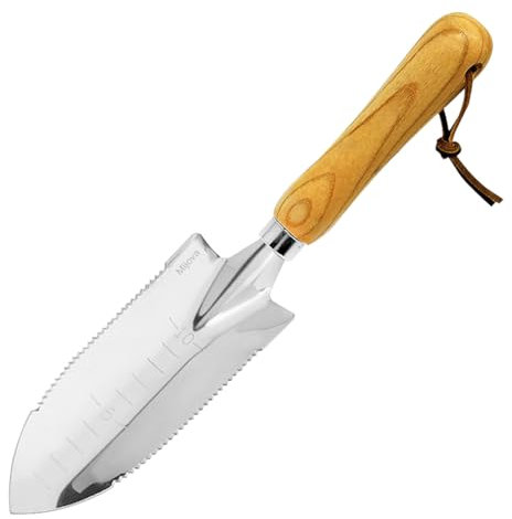 Blumenkelle, Mini-Pflanzkelle mit Messtiefenmarkierung, Handschaufel aus Edelstahl zum Pflanzen und Umtopfen, Holzgriff-Neue Kleine Gartenkelle