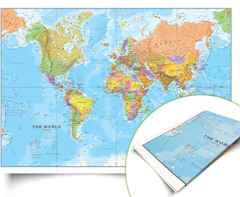 Maps International - Mappa del mondo - Carta artistica in seta Aggiornato 2025 - Formato piegato - 84,1 cm (larghezza) x 59,4 cm (altezza)