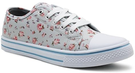 DEK Zapatillas de béisbol para mujer, de lona, con cordones, diseño floral, informales, planas, a la moda, gris, 41 EU