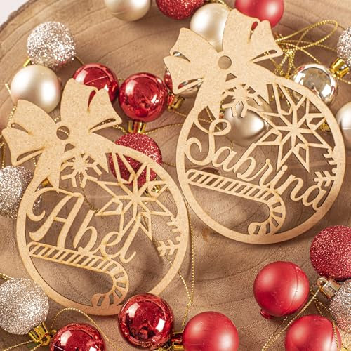 Bolas de Navidad de Madera Artesanal Hecha en España – Adorno Navideño Exclusivo para Decoración de Árboles - Decoración navideña - Esfera grabada en Madera de máxima Calidad (Candy)