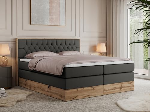 MKS MEBLE King Boxspringbett 200x200 mit Bettkasten und Kopfteil, Bonell Polsterbett mit Matratze H4 und Topper T25, Bett mit Holzrahmen in Wotan Eiche - Dunkelgrau Kunstleder - Amore King