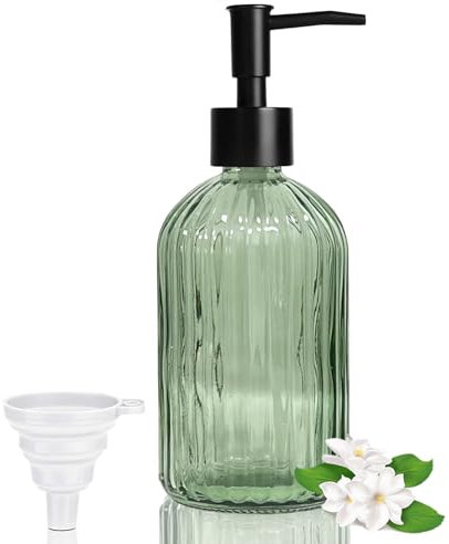 GKSCXEXE 400ml Green Soap Dispenser with Plastic Pump & Funnel, Glass Soap Dispenser Bathroom Hand Wash Dispenser, Refillable Washing Up Liquid Dispenser Kitchen Pump Bottle for Hand Soap, Dish Soap