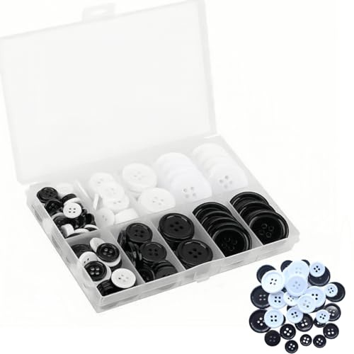 LIANRISES 160 Pièces 10/13/15/20/25mm Boutons Mercerie Noirs Blanc, Bouton Pantalon A Coudre, Circulaire, Résine, 4 Trous Pour L'artisanat, Décoration, Et Boîte