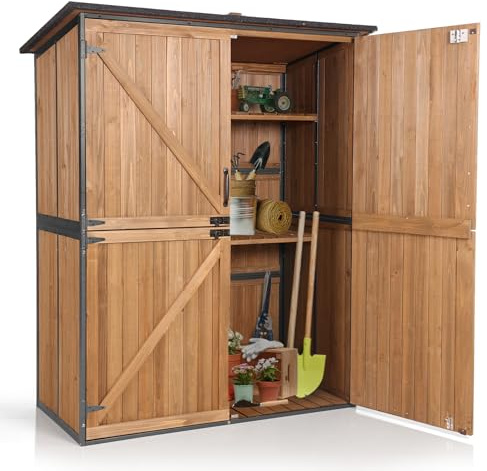 Aivituvin Storage Shed Outdoor Storage Cabinet Upgraded with All Arounded Metal Frame, Wooden Floor and Adjustable Shevels 55 L x 29 W x 67 H, Brown