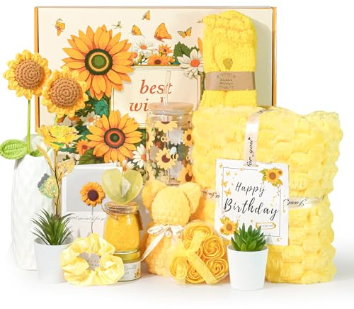 Birthday Gifts for Women Sunflower Pamper Gift,Get Well Soon 14pcs Self Care Gifts for Women,Thinking of You Inspirational Relaxation Gift Baskets,Recovery Present,Feel Better Set for Her Mom Sister