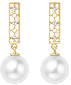 KnSam Orecchini pendenti in oro giallo 750, con perle, vintage, 7,5 – 8 mm, taglio rotondo, bianco, orecchini in stile Liberty con moissanite 18 carati