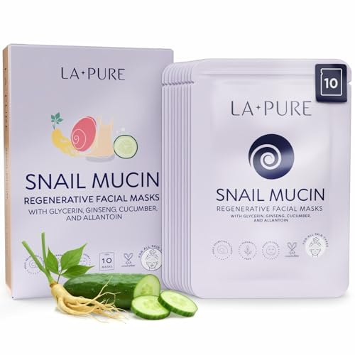 LA PURE Snail Mucin Mask – 10ct Korean Sheet Mask Pack for Signs of Aging, Aid Skin Repair & Hydration – Pure Snail Mask for Face with Collagen & Hyaluronic Acid – Cruelty-Free Hydrating Sheet Mask