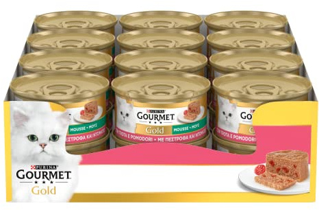 GOURMET GOLD Cibo umido per gatti adulti Mousse con Trota e Deliziosi Pomodori 24 lattine da 85g