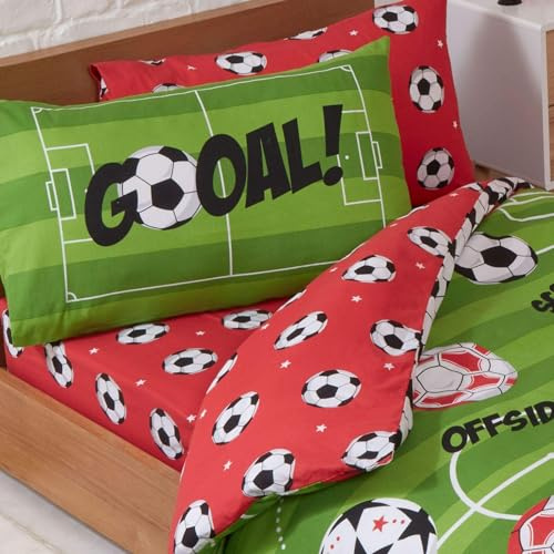 Price Right Home Football Red and Green Bedroom Range - Kids, Teens, Sports Theme - Duvet Cover Set, Fitted Sheet Set & Curtains Available (Single Fitted Sheet Set)