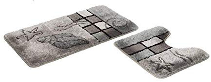 S&S-Shop Badematte Set | grau | Hamburg | 2 teilig | mit Ausschnitt | rutschfest | WC-Vorleger 50 x 45 cm | Badvorleger 50 x 90 cm | Badteppich | Teppich | Bad | Badezimmer