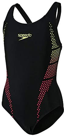 Speedo Mädchen Plastisol Placement Muscleback JF Trainingsanzug, Schwarz/fluoreszierendesGelb/Lava-Rot, 5-6