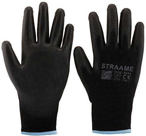Straame Pack of 12 or 24 Black Safety Work Gloves, Outdoors PU and Nylon Non-Slip Work Handling Gloves, Good Dexterity Firm Grip Protective Working Gloves Size (Pack of 12 Pair's, M)