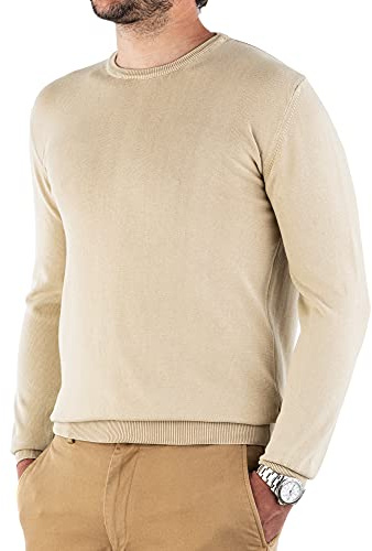 Cashmere Zone-Maglione Uomo Girocollo in Puro Cotone Egiziano Artigianalità Italiana e Confort a Manica Lunga (Beige, Numeric_50)