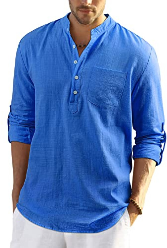 Enlision Mens Blue Cotton Linen Shirts Long Sleeve Shirt Button Down Henley Shirts Lightweight Casual Plain Tops for Men XXL