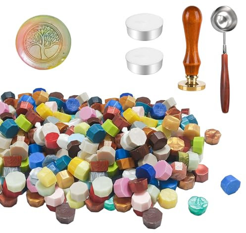 Wachssiegel Stempel Set, 200 Stück siegelwachs mit 1 Lebensbaum Siegelstempel, 1 Schmelzlöffel, 2 Teelichte, für Vintage Siegellack und Brief, Einladungen, Paket Geschenk (E)