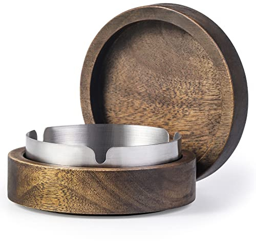 Wooden Ashtray with Lid for Smokers Stainless Steel Liner Ash Tray Windproof Durable Easy to Clean Cool Ashtrays for Indoor or Outdoor Use, Patio, Office & Home