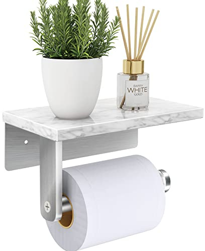 Porte Papier Toilette Mural, Gypie Support Papier Toilette avec Étagère en Marbre Naturel, 304 Acier Inoxydable Porte Rouleau Papier Toilette, Installation avec Vis, Nickel Brossé Mat