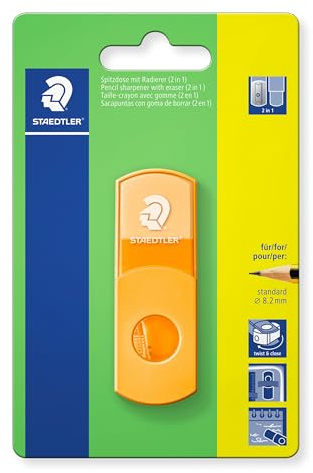 Staedtler Taille-crayon avec gomme, orange fluo, sans phtalates et sans latex, pour crayons de format standard, refermable, taille-crayon 2 en 1 sur carte blister, 511SE-F4BK