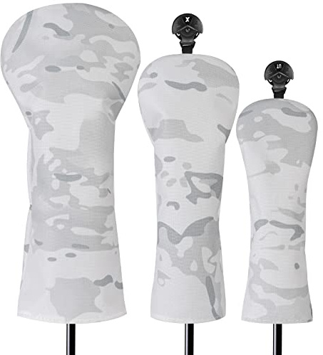3 Pack Golf Club Head Covers for Driver, Fairway Woods and Hybrid Camouflage White, Golf Headcover to Fit All Golf Clubs