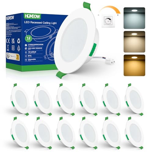 HOMEOW Dimmable Spot LED Encastrable Extra Plat, 7W Spots LED 600LM, Blanc Chaud 2700K Blanc Neutre 4000K Blanc Froid 6000K, Spot Salle de Bain IP44, Trou Ø75-90mm, Lot de 12