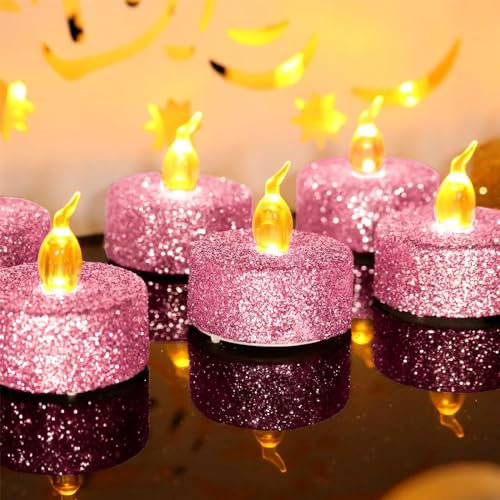 Velas de té LED con purpurina rosa, paquete de 12 velas de té falsas parpadeantes de color amarillo cálido sin llama para Navidad, Pascua, Halloween, boda, fiesta, festivales, etc
