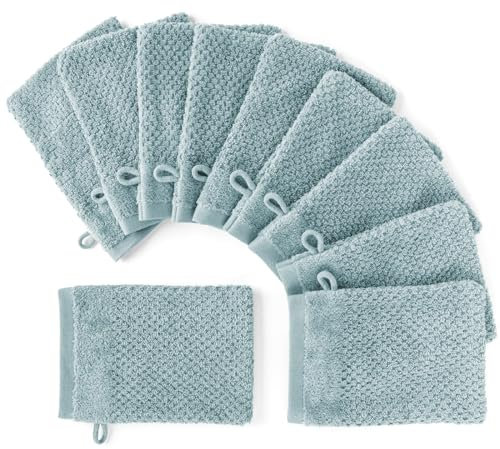 Pure Label 10-TLG. Waschhandschuh Set 16x21cm mit Anhängeschlaufe aus 100% Baumwolle, saugstark, weich und Oeko-TEX Zertifiziert - 10 Waschlappen aus Baumwolle, Türkis - Blau