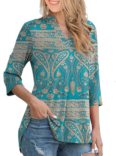 Heersan Tunique Femme Chemisier Coton élégant à Col en V pour Femme Chic Chemisier Ample à Manches Enroulables à 3/4 Manches Longues Hauts de Base T-Shirt Imprimé Floral/Couleur Unie Blouses