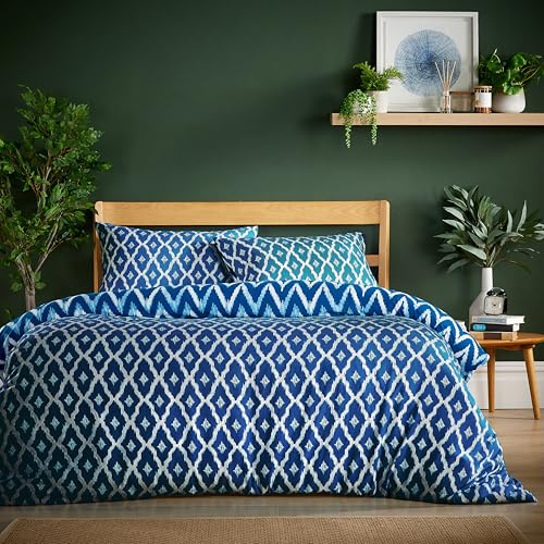 Olivia Rocco Super Soft Flannel Duvet Cover Set Quilt Bedding Covers with Pillowcases Luxurious Colourful Checked Printed Design Reversible Pattern for Comfort Sleep, Madeira Sapphire Double