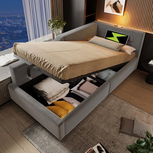 Oslghy Cama tapizada de 90x190 cm, Cama Individual Daybed con luz de Lectura y Carga USB-C Cabecero, Sofá Cama Juvenil con Almacenamiento Hidráulico, Marco con Listones de Madera, Sin colchón, Gris