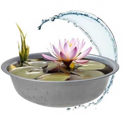 Spetebo Mini Gartenteich rund Silber - 52 cm - Garten Deko Metall Blumenschale groß - Zierteich Miniteich Balkonteich Teichwanne Pflanzschale Blumenkübel Wasserwanne