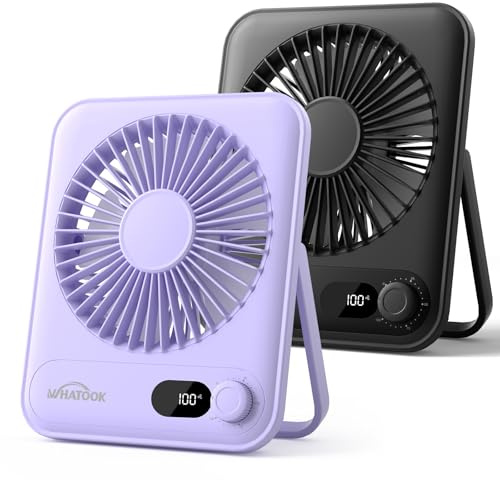 WHATOOK Desk Fan 2 Pack: 100 Speeds Stepless Control 2000mAh Battery Operated Portable Fan, Rechargeable Table Fan for Cruise Ship Essentials, Gift for Couples, Dorm, Office, Bedroom(Black and Purple)