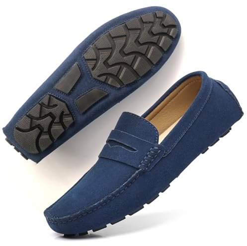 DCZTELG Men's Suede Penny Loafers - Slip-On Comfort Casual Shoes for Business & Driving Blue 10.5