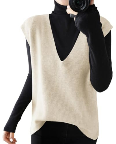 shownicer Pull sans Manches Femme Chic Et Elegant Col en V Gilet en Tricot Décontracté Couleur Unie Débardeur A Beige M