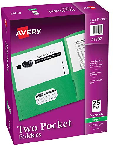 Avery Two Pocket Folders, Holds up to 40 Sheets, Business Card Slot, 25 Green Folders (47987)