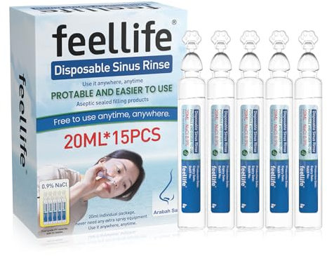 Feellife Lavado Nasal Monodosis Estéril- 15 viales de 20ml (solución salina al 0,9%),Suero Fisiologico Monodosis para irrigación nasal para Niños y Adultos, listo para usar sin irrigador