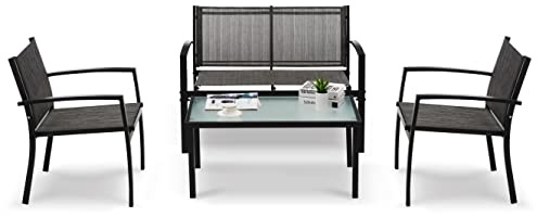 Mondeer Garden Furniture Set of 4, 4 Seater Textilene Outdoor Patio Furniture Sets for Garden Dining Lounge Balcony and Coffee House, Dark Grey