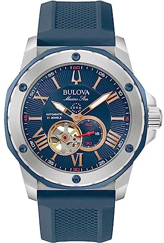 Bulova Herren Armbanduhr in der Farbe Blau mit Silikonarmband, Gehäusedurchmesser: 45 mm, 98A282