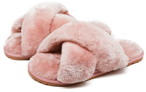 Crazy Lady Women's Fuzzy Fluffy House Slippers Cute Plush Memory Foam Shoes Cross Band Indoor Outdoor Open Toe Sandals(06/Pink, 10-10.5)