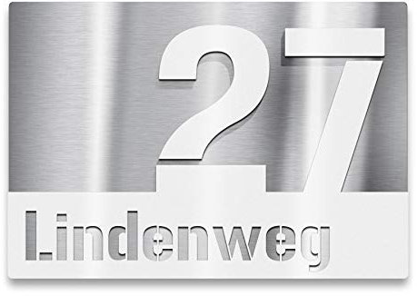 Metzler Hausnummer V2A Edelstahl, individuelles Hausnummernschild in Verkehrsweiß RAL 9016, Straßenschild mit Hausnummer & Straßenname. Rostfrei, 3D-Effekt, Made in Germany, Größe: 25 x 17,5 cm