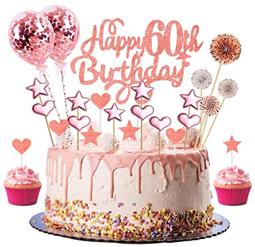 60th Birthday Cake Topper Rose Gold, Glitter Happy 60th Birthday Cake Topper Kit with Star Heart Paper Fan Confetti Balloons, Cupcake Topper for Women 60 Years Old Anniversary Party Cake Decorations