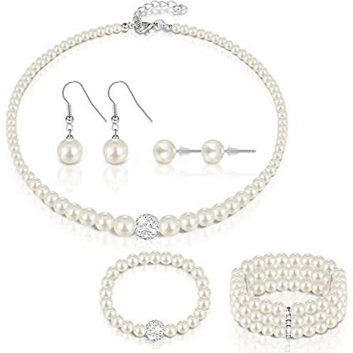 Glenmal Pearl Rhinestone Jewelry Set for Women Pearl Necklace Bracelet Earrings for Wedding Birthday Bridal Shower Tea Party(5 Pcs,Elegant Style)