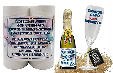 Bombo Idea regalo per festeggiare il Grande Capo, Bottiglia di Vino Spumante da 20 cl più Bicchiere flûte Piegato
