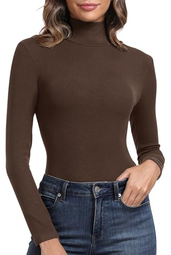 PALINDA Women's Ribbed Turtleneck Fitted Long Sleeve Shirts Basic Thermal Layering Tops(Brown M)