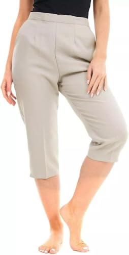 Ladies Half Elasticated Waist 3/4 Three Quarter Cropped Trousers Womens Pants Summer Capri Shorts Bottoms UK Sizes 8-24 (UK, Numeric, 20, Regular, Regular, Stone)