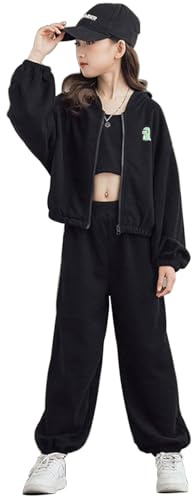 linboo Chándal para niña, ropa deportiva de 3 piezas (sudadera+pantalones deportivos+top de crop), traje hip hop para niños y niñas, Negro , 146-152