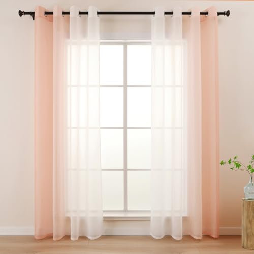 L.Z.E Pink White Voile Curtains for Living Room, Light Pink Sheer Curtains & Drapes for Kids Girls Room Bedroom Windows, Blush, Transparent, 90 Inch Drop 225 cm Long Colour Gradient with Eyelet