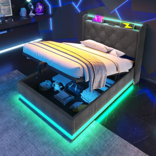 Merax Twin Size Lift Up Storage Bed Frame with 360 Surround LED Lights, Buttons, Apps or Remote Control, USB Type-C Charging, Upholstered Headboard Linen Platform, Grey